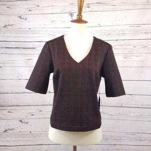 Dalia Blouse Women's Size Medium Black Maroon Short Sleeve V Neck Back Zipper